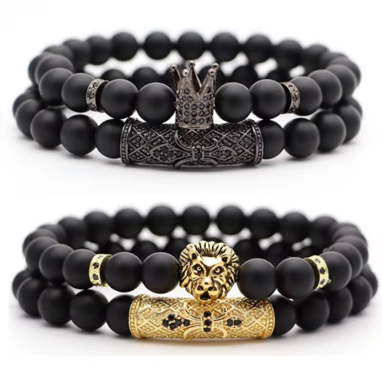 Majestic Matte Black Crown & Lion Bracelets