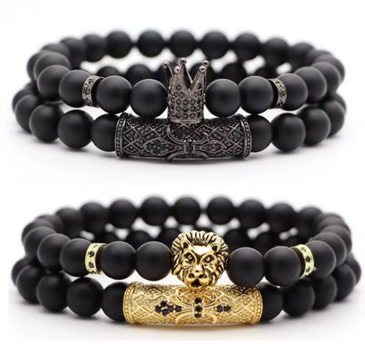 Majestic Matte Black Crown & Lion Bracelets